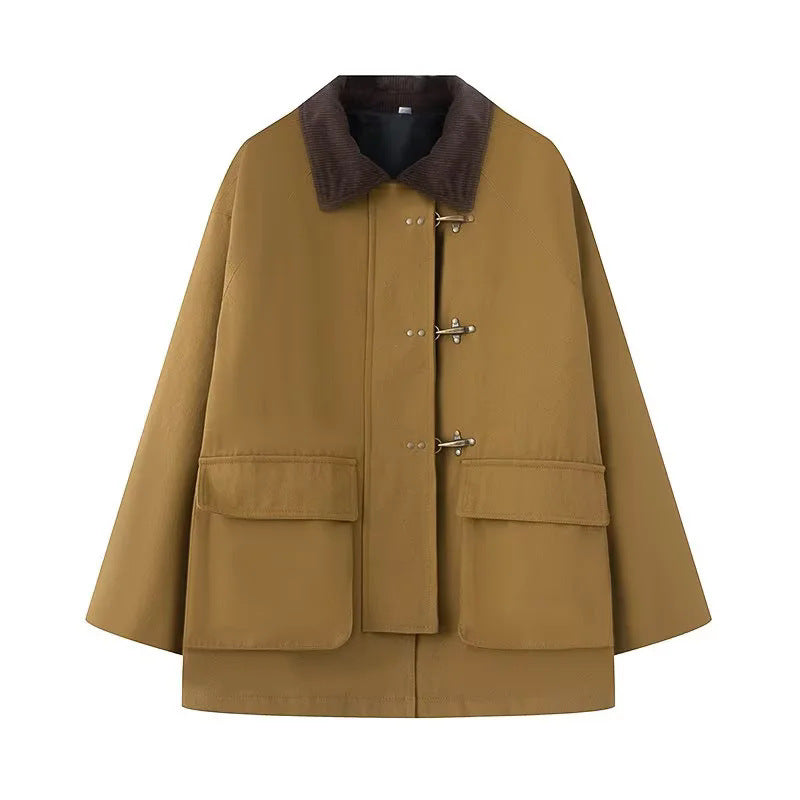 Women's oversized cape coat with corduroy collar, toggle closures, and large patch flap pockets Mune Fashion