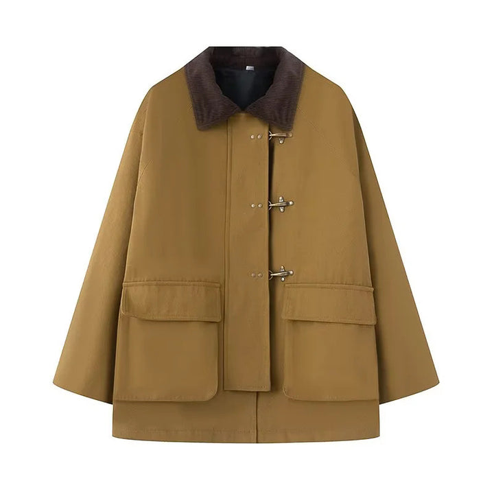 Women's oversized cape coat with corduroy collar, toggle closures, and large patch flap pockets Mune Fashion