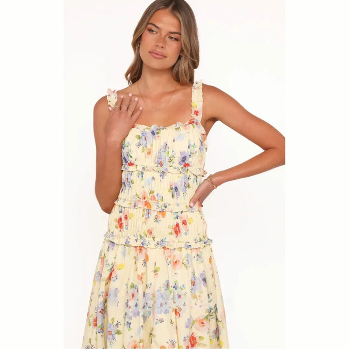 Women nan airy-light tiered midi dress with gathered bodice and ruffled straps Mune Fashion