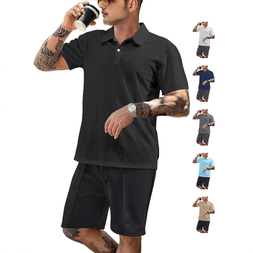 Men's two-piece summer travel set with textured short-sleeve polo shirt and functional mesh shorts Mune Fashion