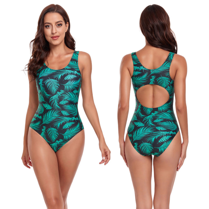 Women's one-piece swimsuit with fashionable back cutout and leaf pattern Mune Fashion
