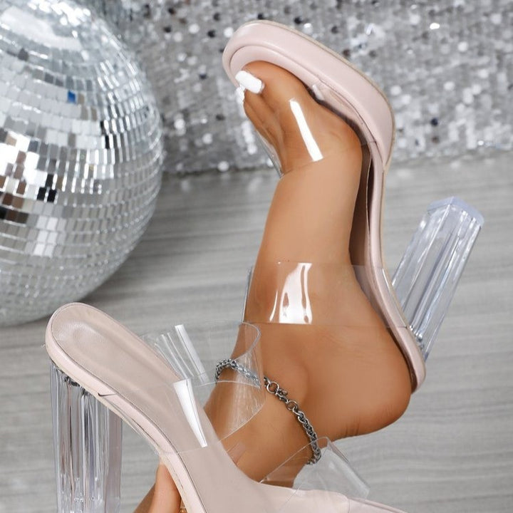 Women's Two-Striped Mule Sandal with Transparent PVC Straps and Faceted Acrylic Block Heel Mune Fashion