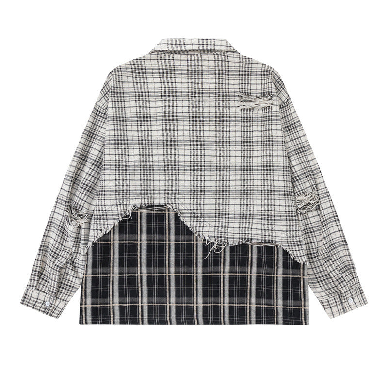 Unisex Oversized Shirt Jacket with Layered Look, Frayed Hem and Check Mix Mune Fashion