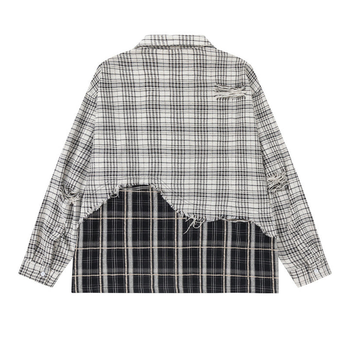 Unisex Oversized Shirt Jacket with Layered Look, Frayed Hem and Check Mix Mune Fashion