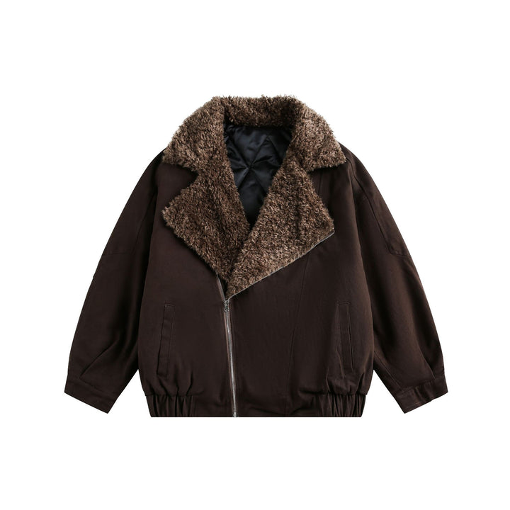 Men's short pilot-style jacket with generous teddy fur collar and elastic waistband.