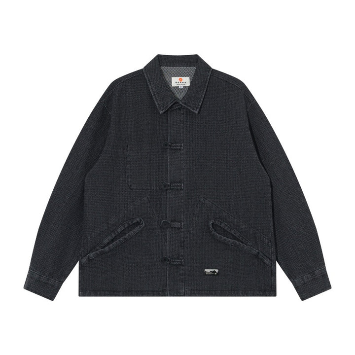 Men's short-cut denim chore jacket in boxy blouson style with Chinese toggle button placket Mune Fashion
