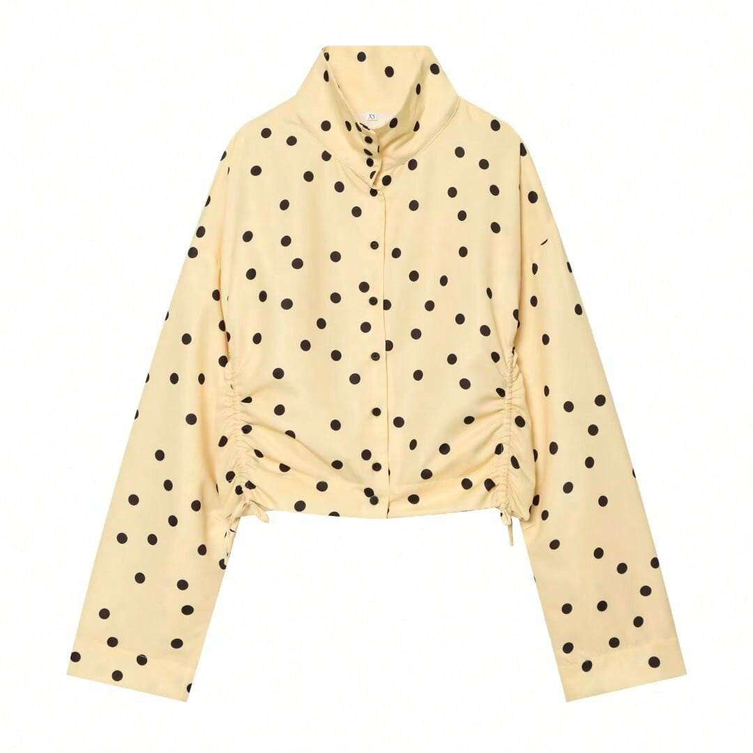 Women Spotted Cropped Blouson Jacket with Ruffle and Stand-up Collar Drune