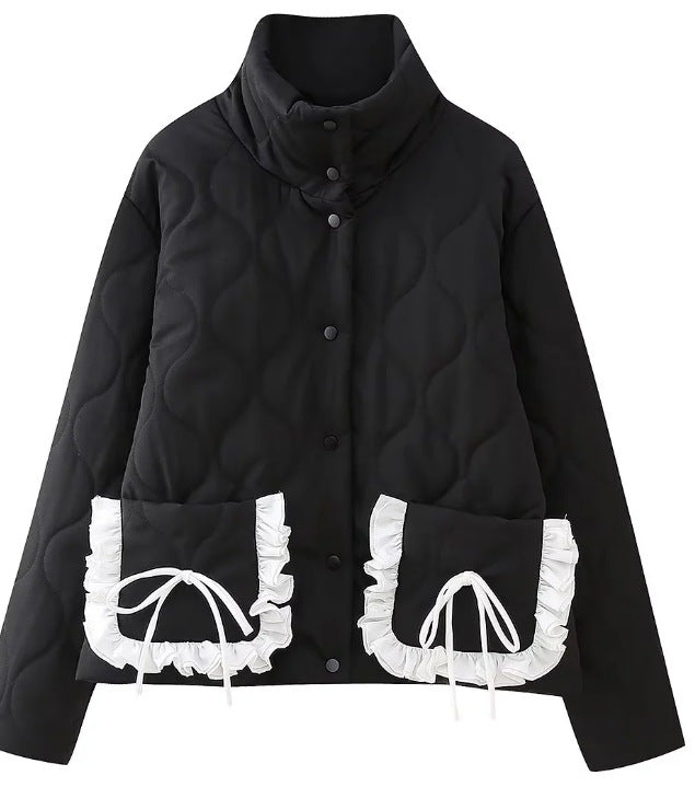 Women’s quilted jacket with stand-up collar and contrasting ruffled pockets Mune Fashion