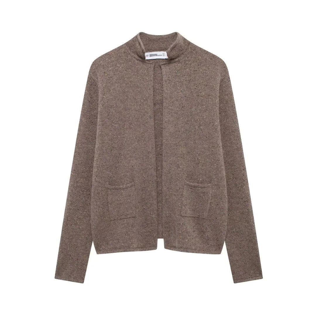 Women's open knit cardigan with stand-up collar and patch pockets Mune Fashion