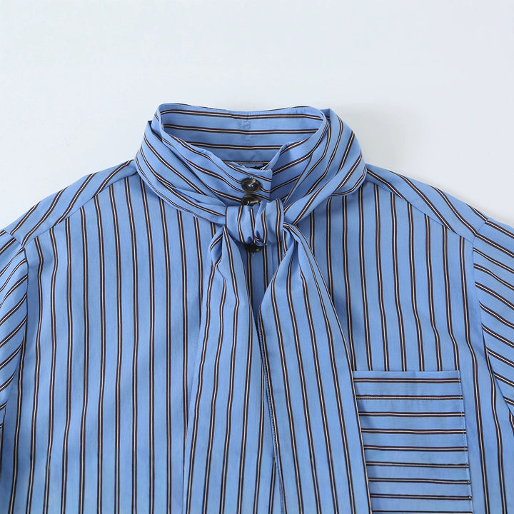 Women Striped Bow Blouse with Chest Pocket and Continuous Button Placket Mune Fashion
