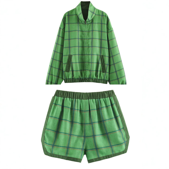 Women's Lightweight Checked Bomber Jacket with Stand-Up Collar, Concealed Zipper and Elastic Hem Mune Fashion