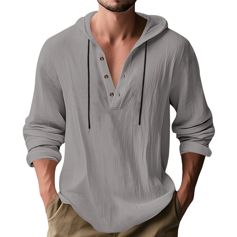 Men's Casual Hooded Henley Linen Blend Overshirt with Drawstring Mune Fashion
