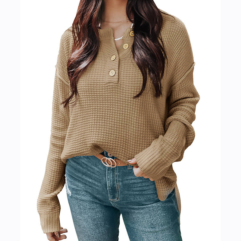Women's Relaxed Waffle Texture Henley Pullover with Button Placket and Dropped Shoulder Mune Fashion