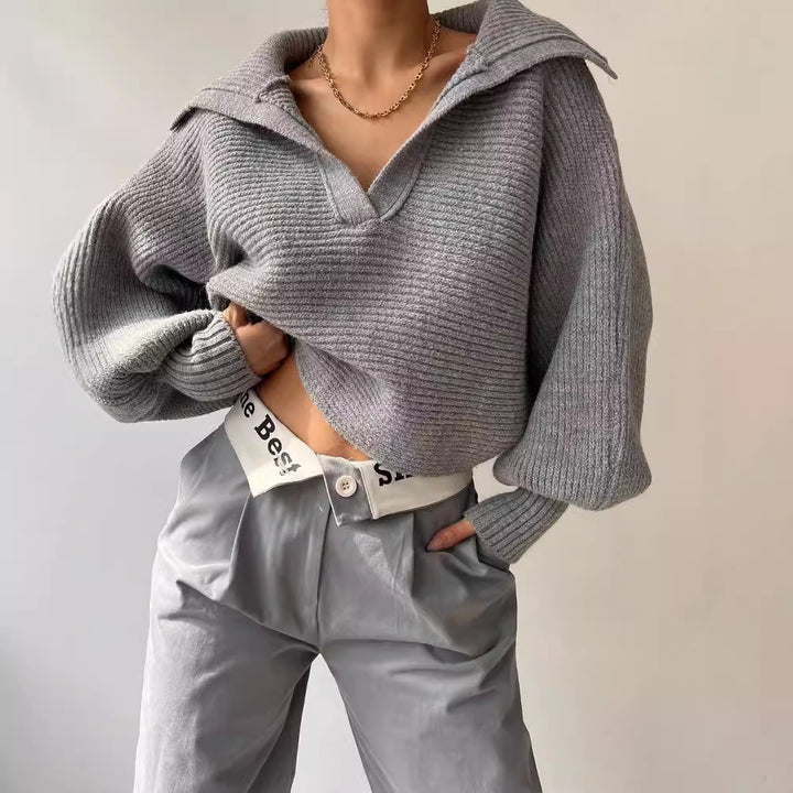 Women's Oversize Rib Sweater with Lapel Collar and Deep V-Neck Mune Fashion