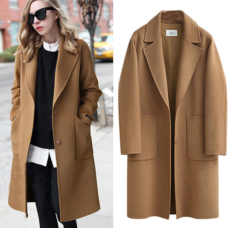 Women Longline Wool Blend Coat with Oversized Lapel and Patch Pockets Mune Fashion