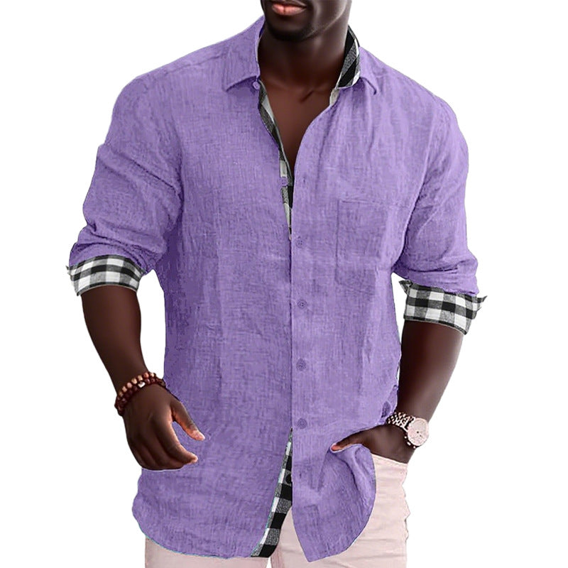 Men's linen mix casual shirt with contrasting check cuffs and a patch breast pocket Mune Fashion