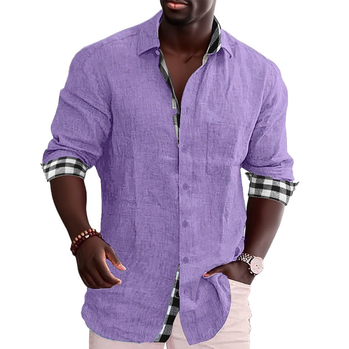 Men's linen mix casual shirt with contrasting check cuffs and a patch breast pocket Mune Fashion