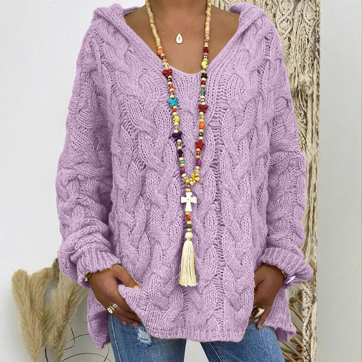 Women Oversized Cable Knit Sweater with Hood and Casual V-Neck Mune Fashion