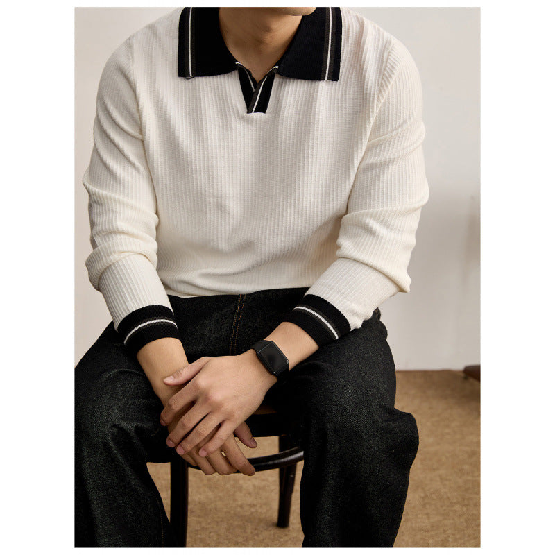 Men's fine knit polo with V-neck, ribbed structure and contrasting cuffs Mune Fashion