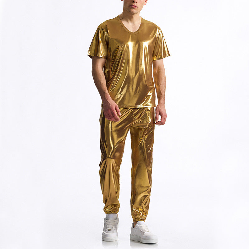 Men's Sporty Set Made Of Shiny Material with V-Neck Mune