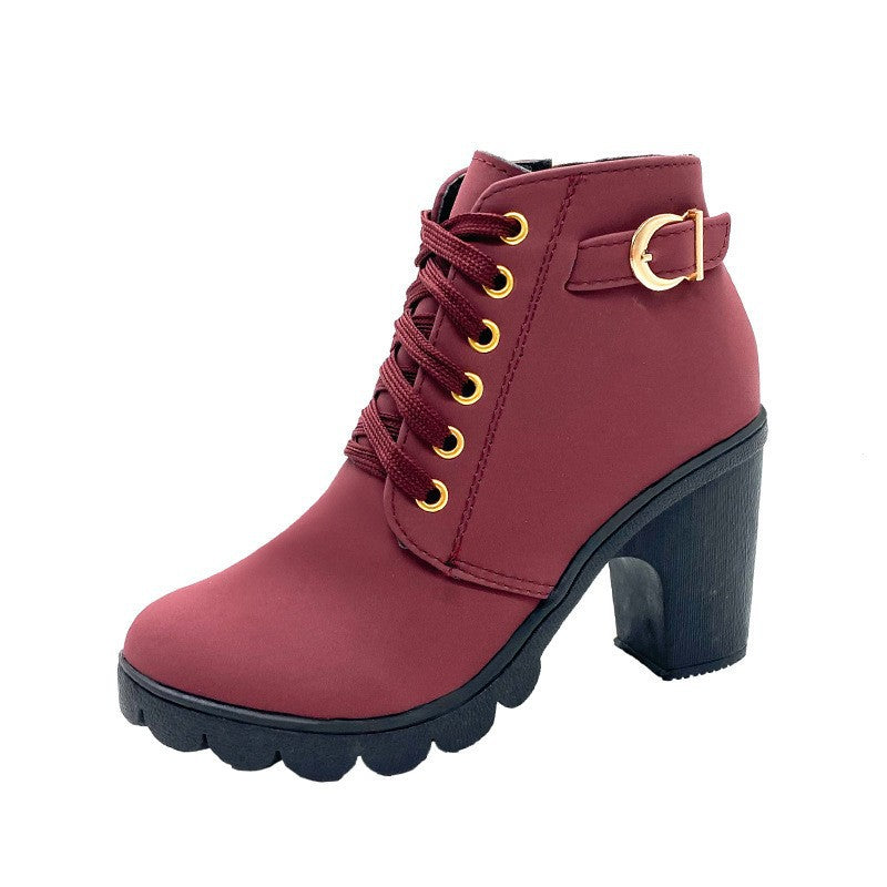 Women's elegant lace-up ankle boots with mid-block heel, grooved rubber sole, and decorative metal buckle Mune Fashion