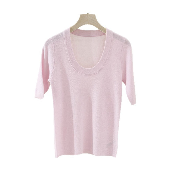 Ladies Fine Fine Knit Shirt with Deep Round Neck and Three-Quarter Sleeves Mune Fashion
