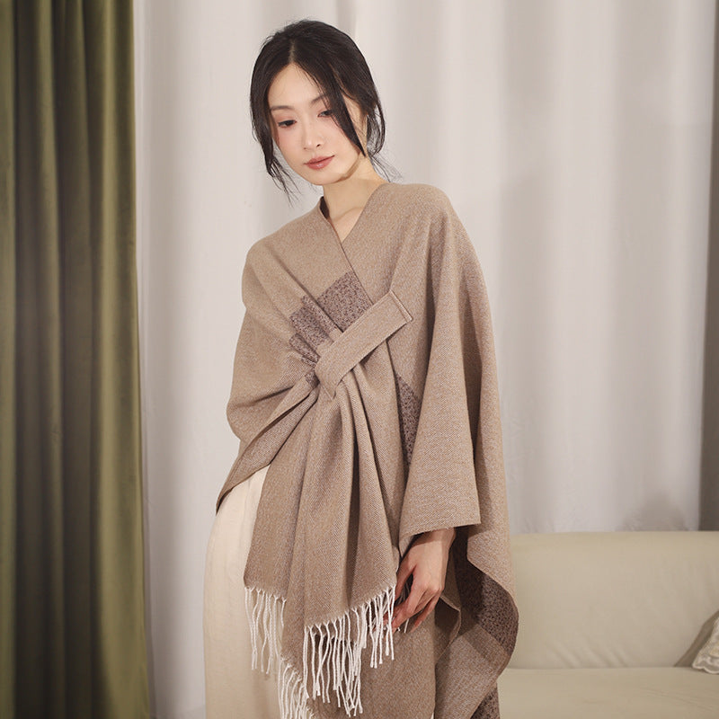 Women Woven Wool Blend Ruana with Diagonal Stripes and Fringes Mune Fashion