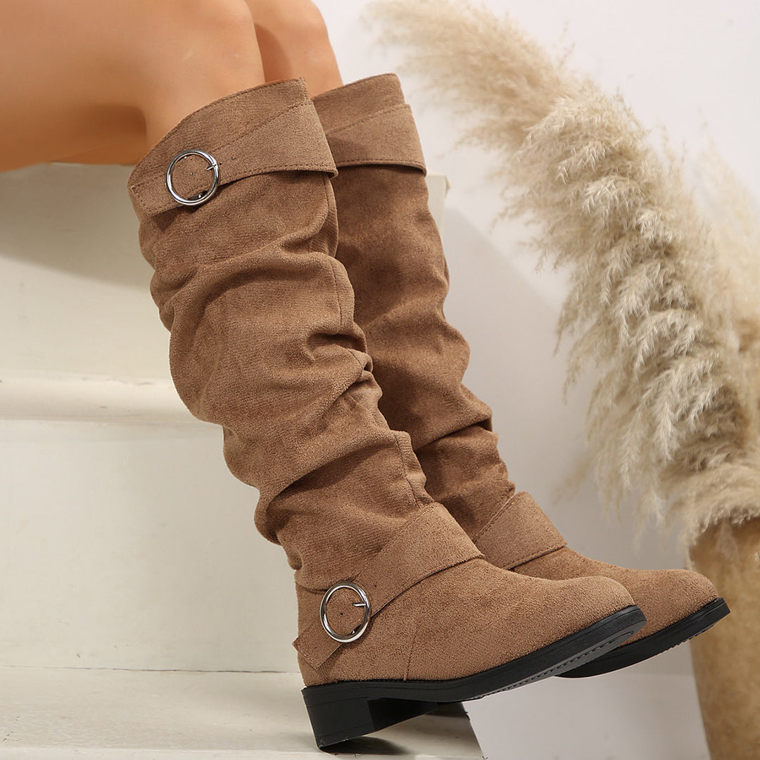 Women Slouch Knee-High Boots with Decorative Ring Strap and Low Block Heel Mune Fashion