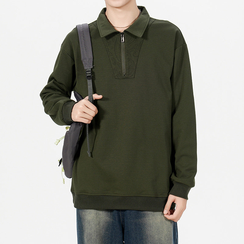 Men's Loose Sweatshirt with Polo Collar, Half Zipper and Paisley Trimming Mune Fashion