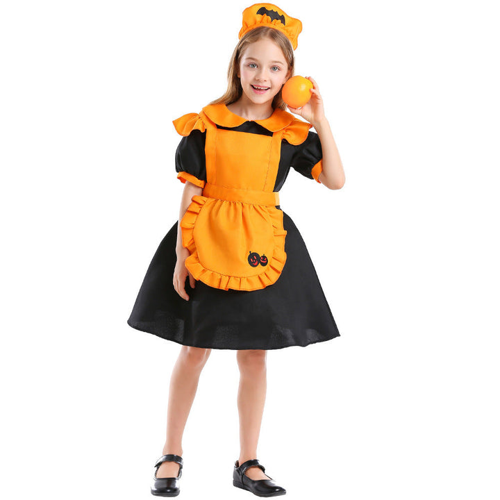 Girls Pumpkin Fairy Costume with Swinging Skirt and Chic Apron Design Mune Fashion