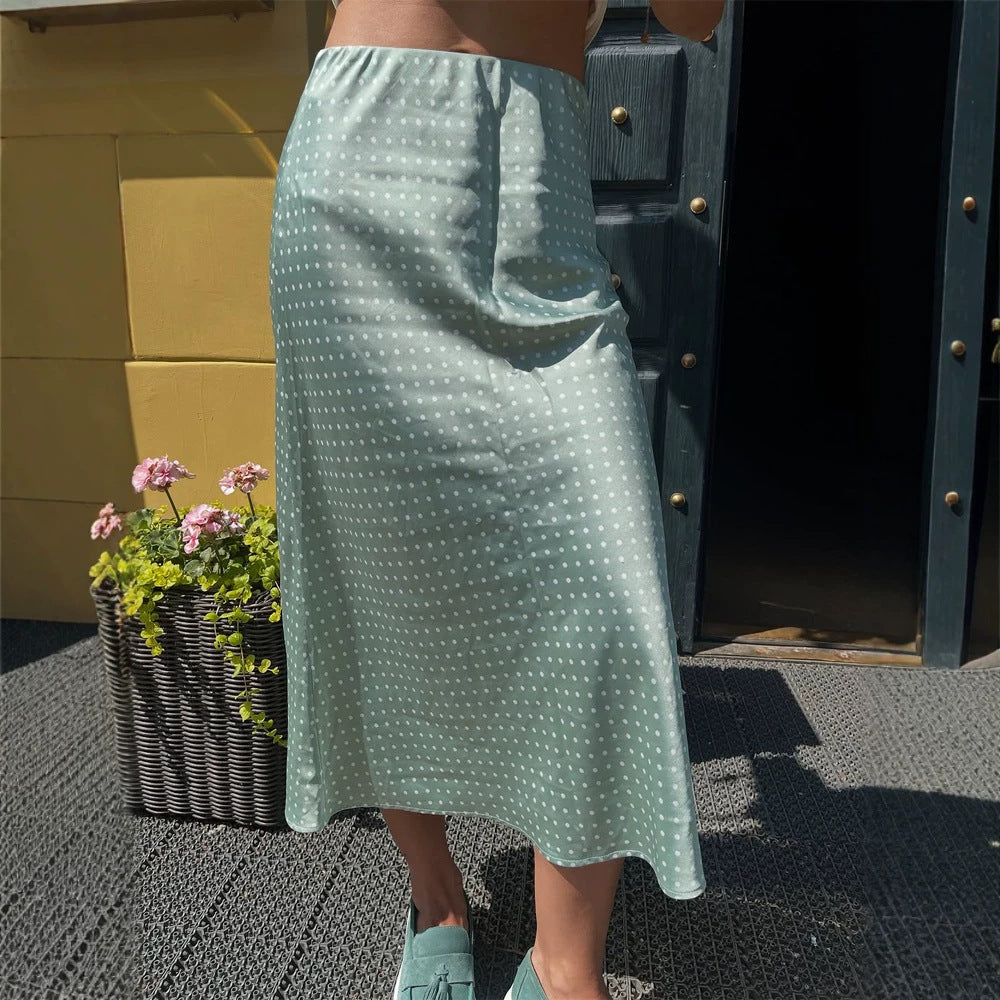 Women's satin midi skirt with polka dot print, tailored fit & flowing bias silhouette Mune Fashion