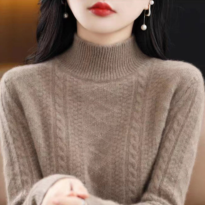 Women's Soft Mohair-Look Mockneck Sweater with Cable Pattern and Fine Ribbed Collar Mune Fashion