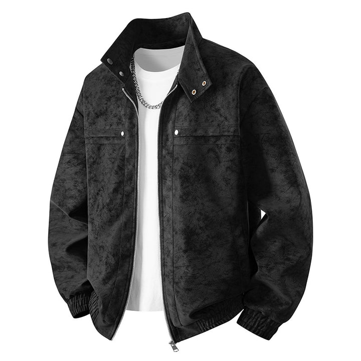 Men's Suede-Look Bomber Jacket with Stand-Up Collar, Zipper and Elastic Hem Mune Fashion