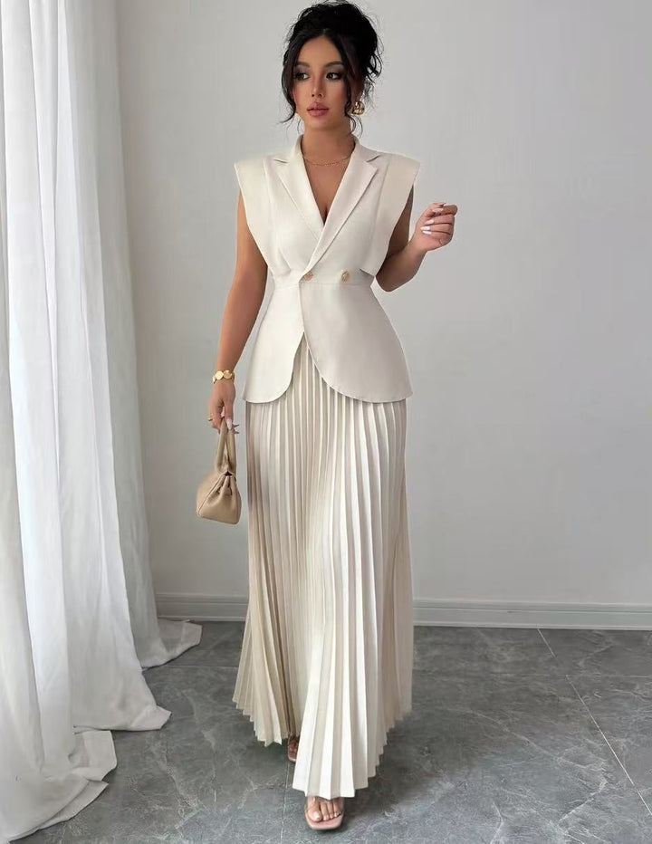 Women’s sleeveless fitted blazer set with pleated maxi skirt Mune Fashion