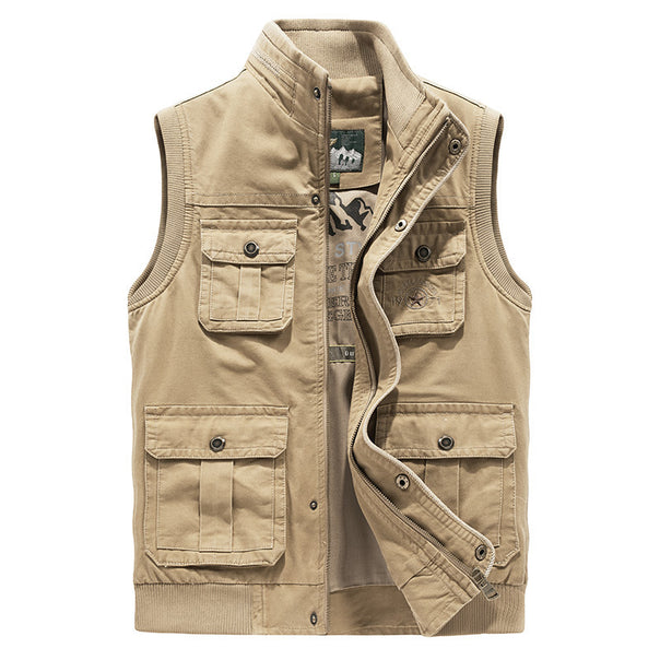 Men's Multifunctional Canvas Vest with Multiple Outer Pockets and Stand-up Collar Mune Fashion