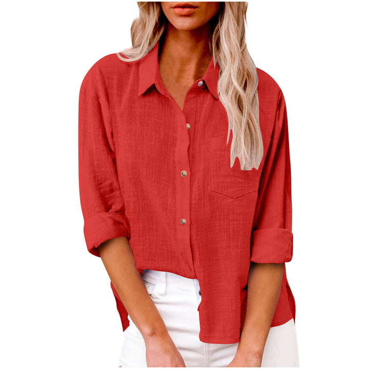 Women's oversized linen-cotton blend shirt blouse with breast pocket and roll-up sleeves Mune Fashion