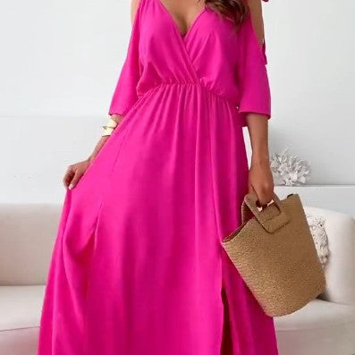 Women nan flowing maxi dress with V drape, off-shoulder strap band, elastic waist yoke and high skirt slit Mune Fashion