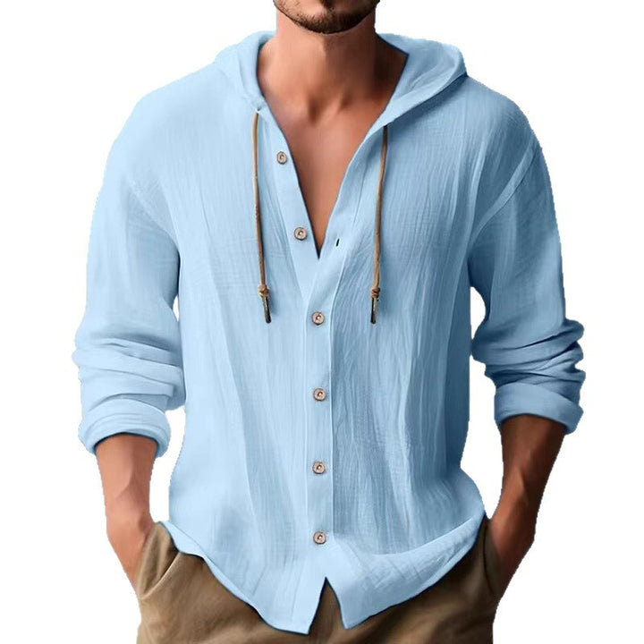 Men's casual linen shirt with hood, button placket, and roll-up sleeves Mune Fashion