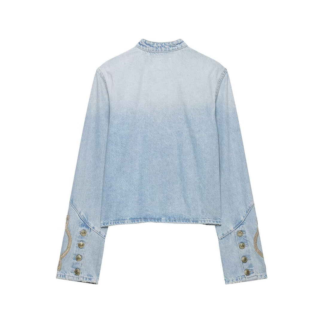 Women's Short Denim Military Jacket with Decorative Cords and Stand-Up Collar Drune