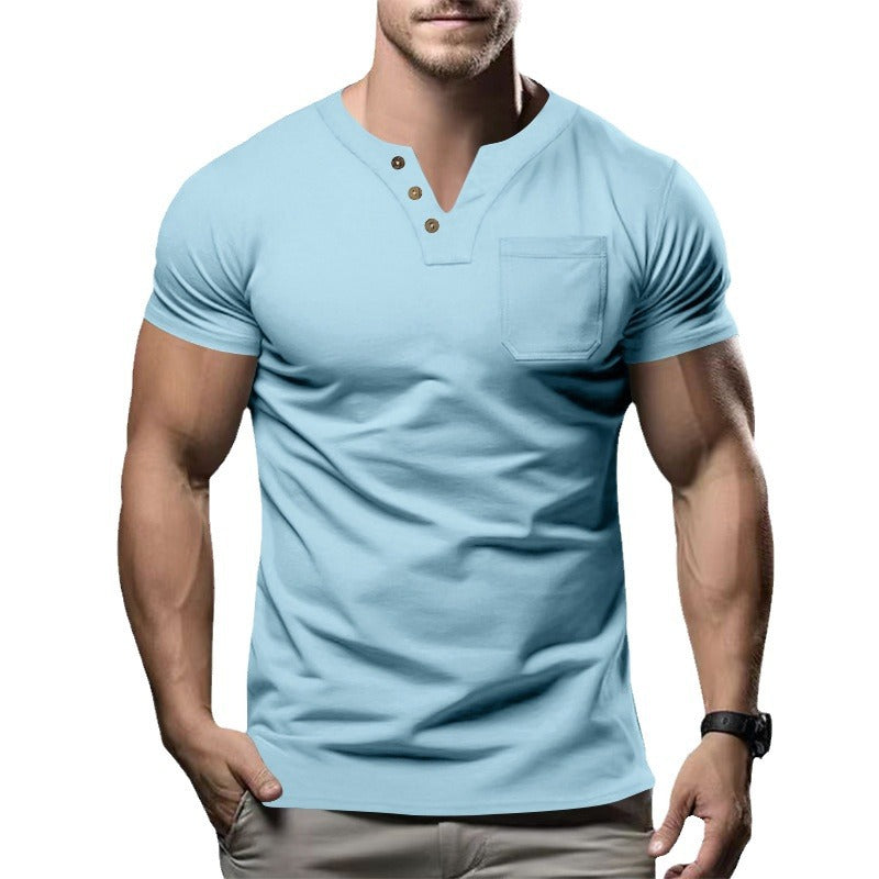 Men's body-hugging cotton stretch short-sleeve shirt with split V-neck, decorative button placket, and chest pocket Mune Fashion