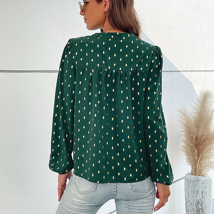 Women's Lightweight Viscose Blouse with Stand Collar, Button Placket, and Fine Drop Print Mune Fashion