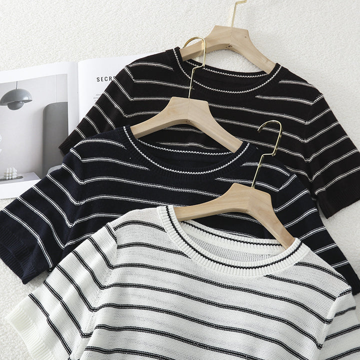 Women Short Sleeve Fine Knit Sweater with Maritime Stripes Mune Fashion