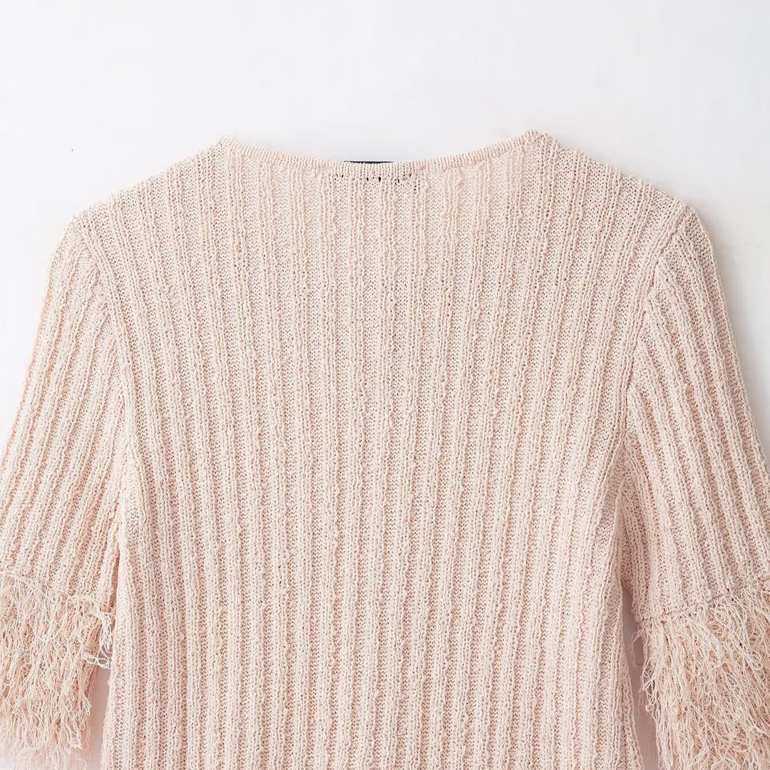 Ladies Boucle Cardigan with Fringe Sleeves and Hidden Button Placket Mune Fashion