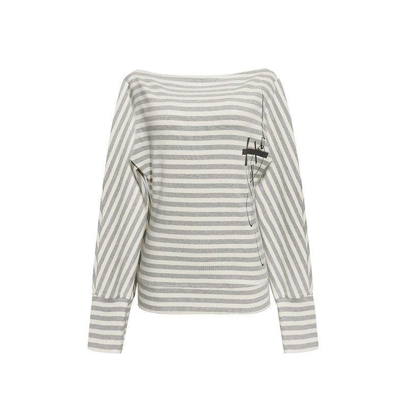 Women's Figure-hugging Striped Long Sleeve Shirt with Wide Boat Neck and Cropped Batwing Sleeves Mune Fashion