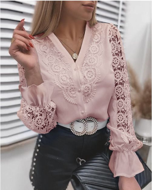 Ladies Elegant Shirt Blouse with Lace Inserts, Classic Collar and Cuffs Mune Fashion