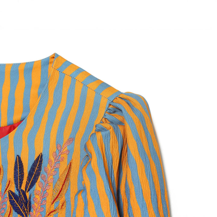 Women's Striped Blouse Jacket with Floral Embroidery and Balloon Sleeves Drune