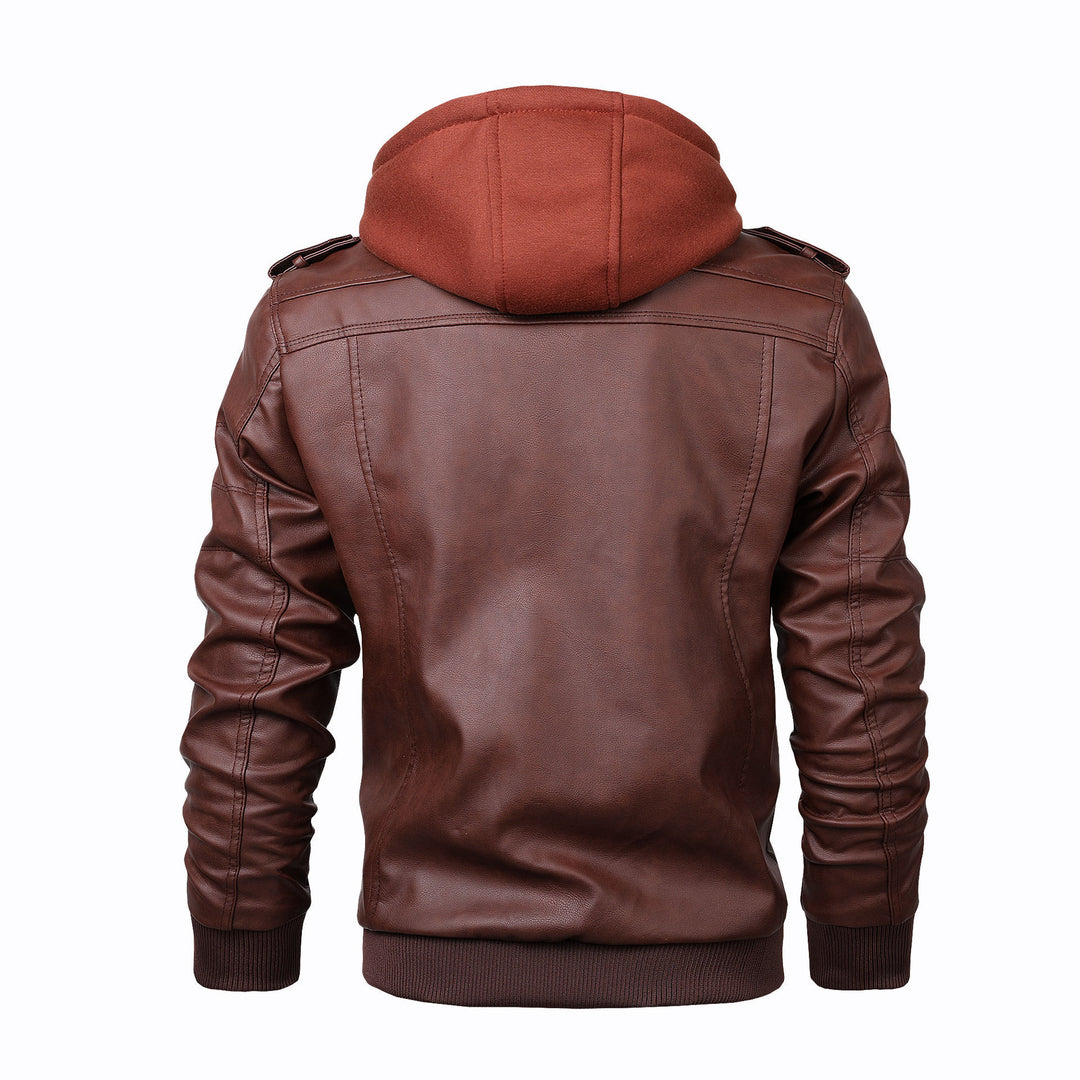 Men's bomber jacket made of faux leather with integrated hood inner layer and utility pockets Mune Fashion