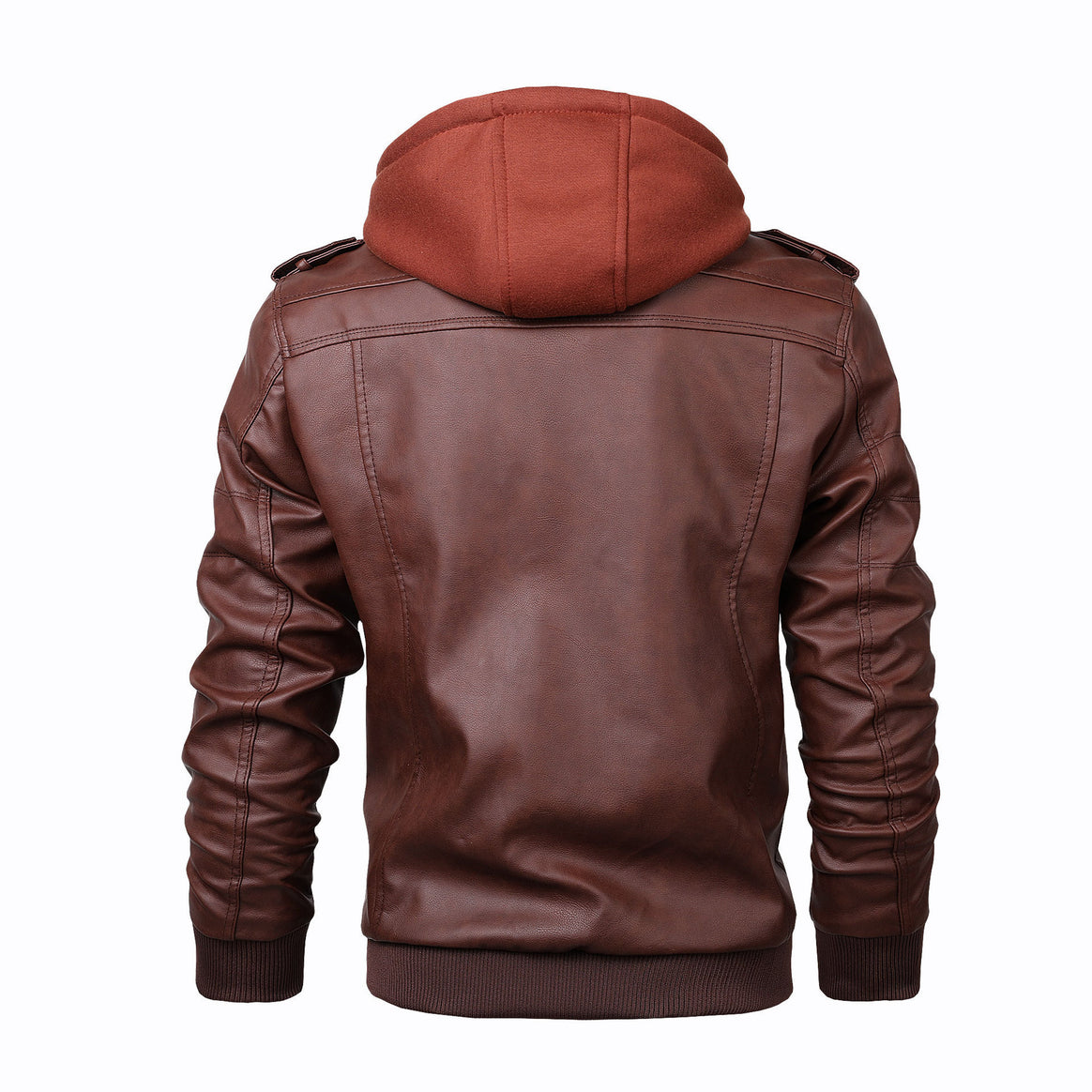 Men's Faux Leather Bomber Jacket with Hood Layer, Shoulder Patches and Utility Pockets Mune Fashion