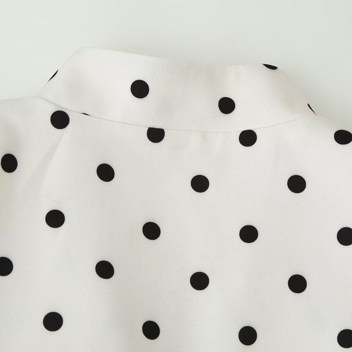 Women's Polka Dot Blouse with Stand Collar, Puff Sleeves, and Peplum Hem Mune Fashion