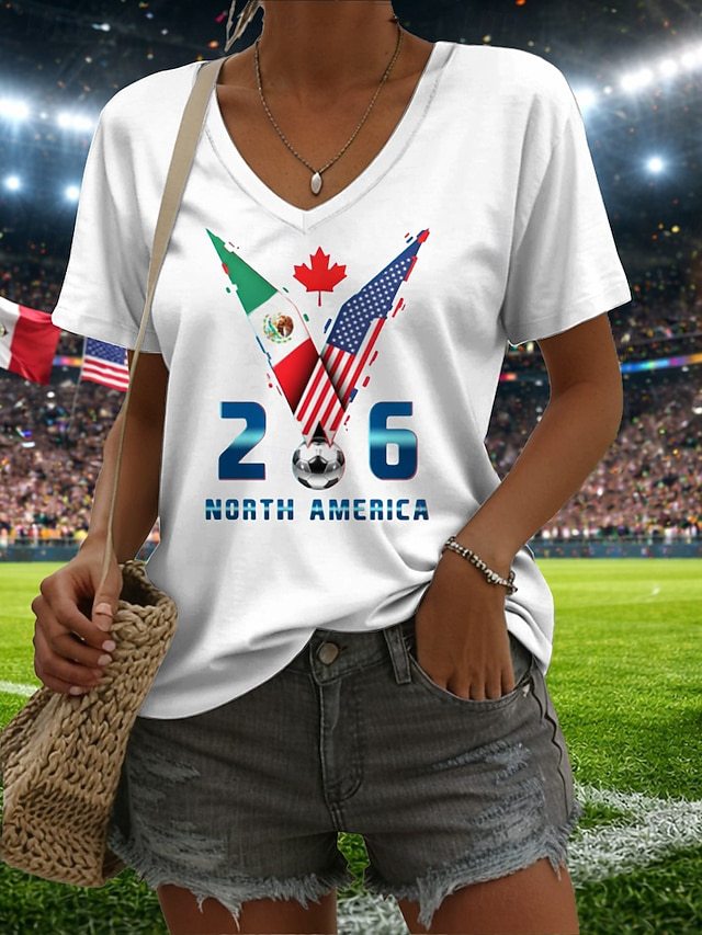 Women’s V-neck Retro Print T-shirt with Eagle Emblem and vintage-inspired Graphic Mune Fashion